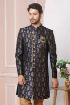 Raivat Ethnic Jacquard Silk Thread Work Indo Western In Blue Colour | Grocsy