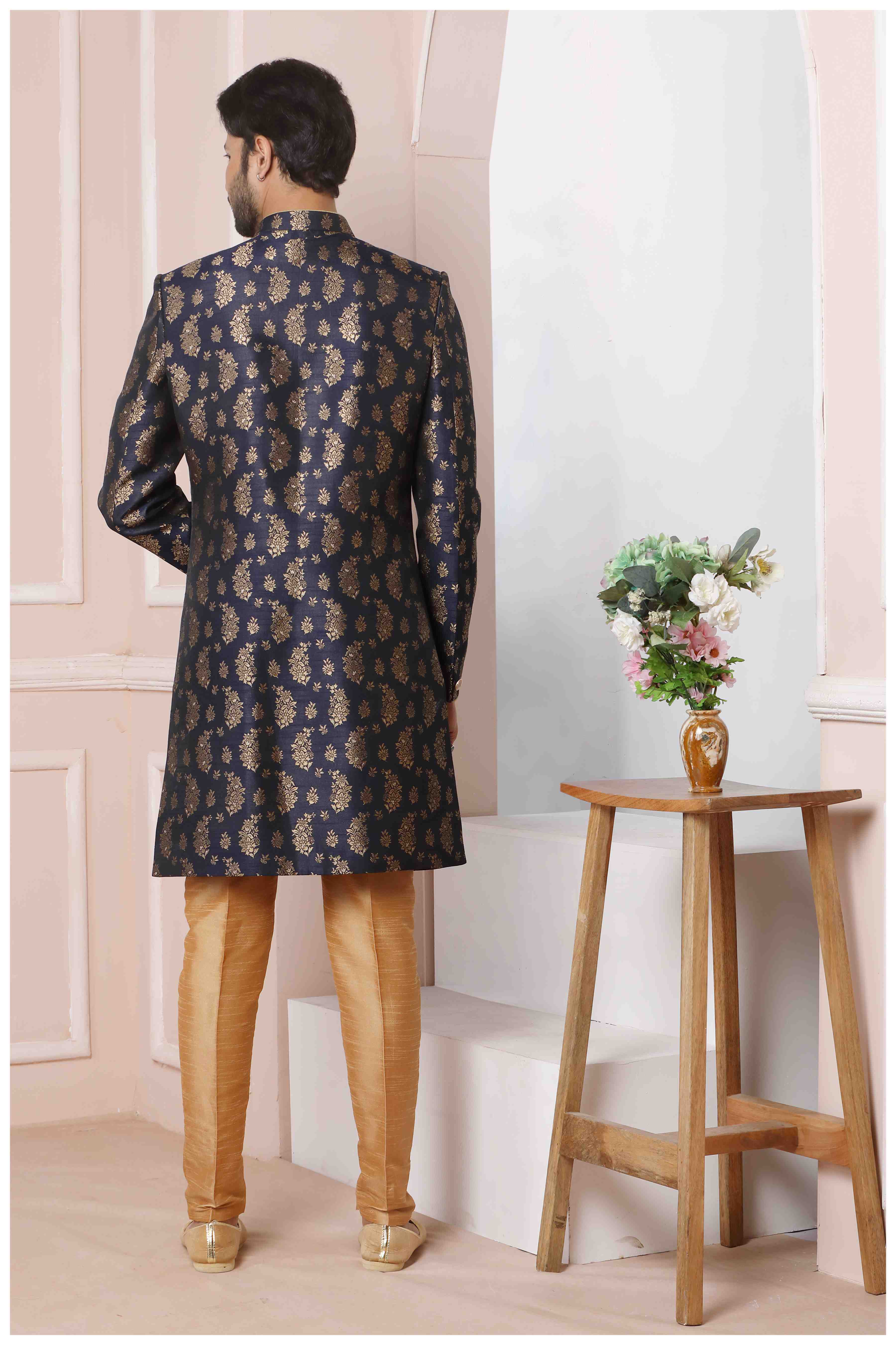 Raivat Ethnic Jacquard Silk Thread Work Indo Western In Blue Colour | Grocsy