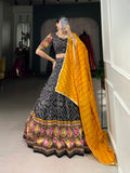 Lorenvalley Black Tussar Silk Bandhej and Patola Print with Foil Work Lehenga Choli with Dupatta | Grocsy