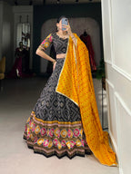 Lorenvalley Black Tussar Silk Bandhej and Patola Print with Foil Work Lehenga Choli with Dupatta | Grocsy