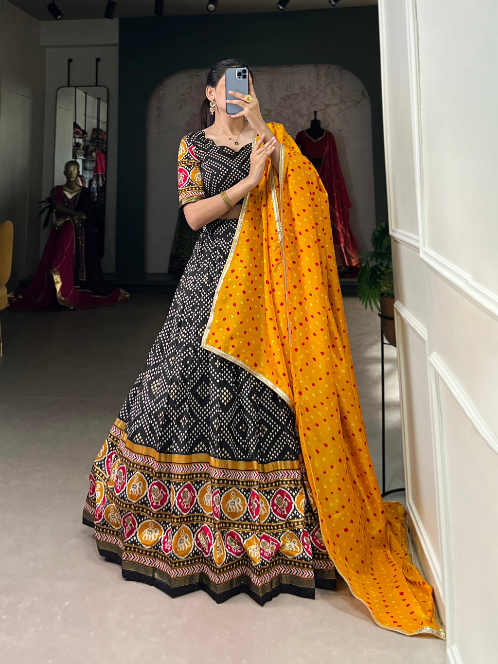 Lorenvalley Black Tussar Silk Bandhej and Patola Print with Foil Work Lehenga Choli with Dupatta | Grocsy