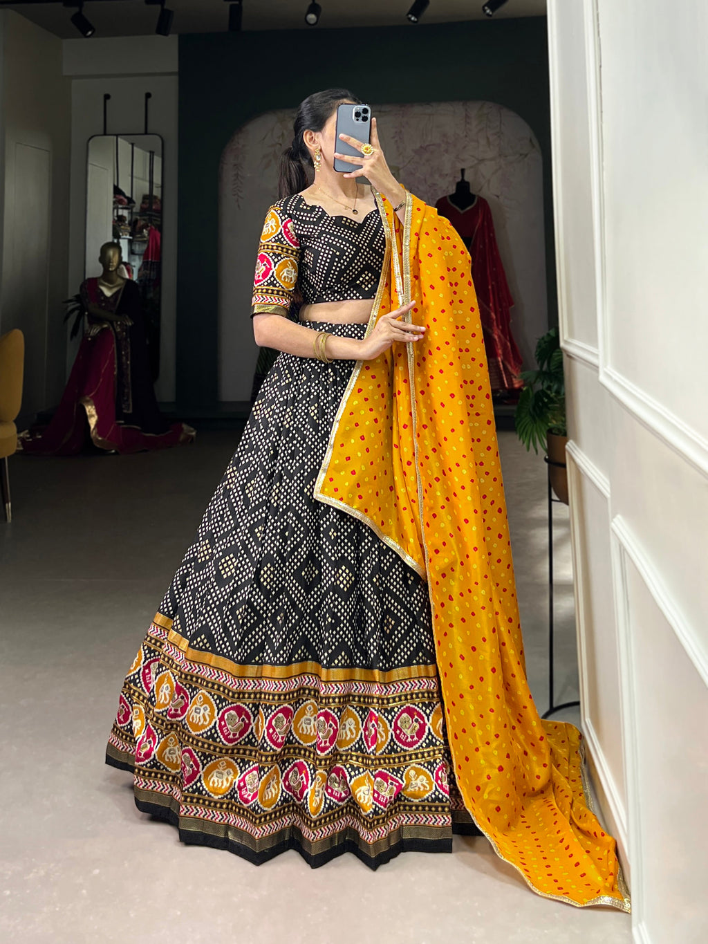 Lorenvalley Black Tussar Silk Bandhej and Patola Print with Foil Work Lehenga Choli with Dupatta | Grocsy