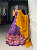Lorenvalley Purple Tussar Silk Bandhej and Patola Print with Foil Work Lehenga Choli with Dupatta | Grocsy
