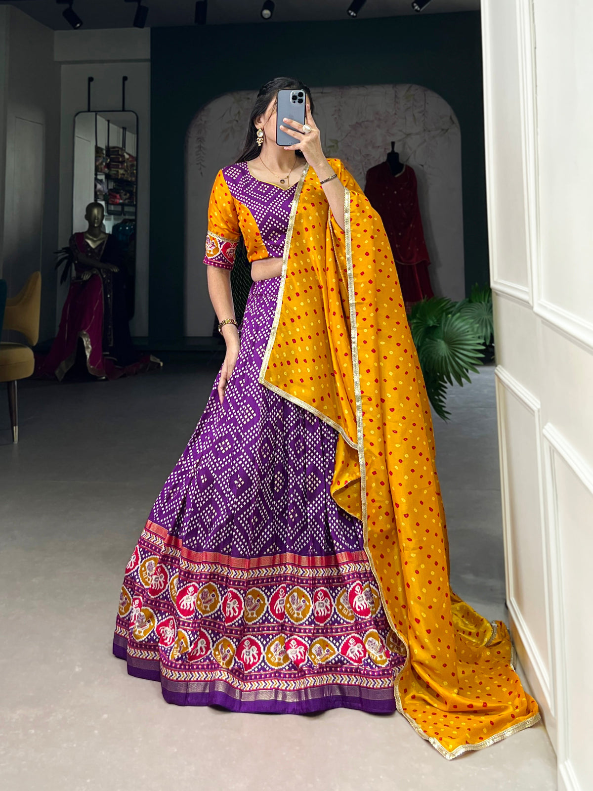 Lorenvalley Purple Tussar Silk Bandhej and Patola Print with Foil Work Lehenga Choli with Dupatta | Grocsy