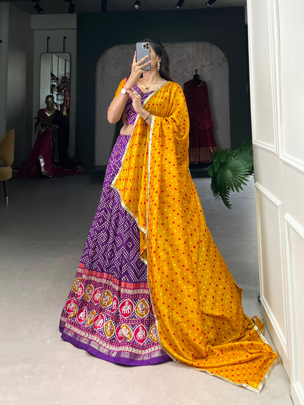 Lorenvalley Purple Tussar Silk Bandhej and Patola Print with Foil Work Lehenga Choli with Dupatta | Grocsy