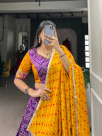 Lorenvalley Purple Tussar Silk Bandhej and Patola Print with Foil Work Lehenga Choli with Dupatta | Grocsy