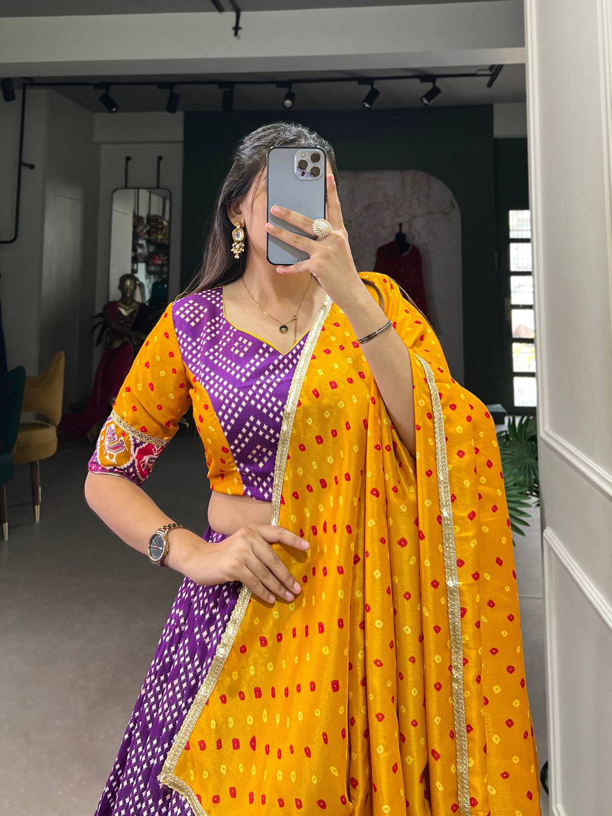 Lorenvalley Purple Tussar Silk Bandhej and Patola Print with Foil Work Lehenga Choli with Dupatta | Grocsy