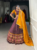 Lorenvalley Wine Tussar Silk Bandhej and Patola Print with Foil Work Lehenga Choli with Dupatta | Grocsy