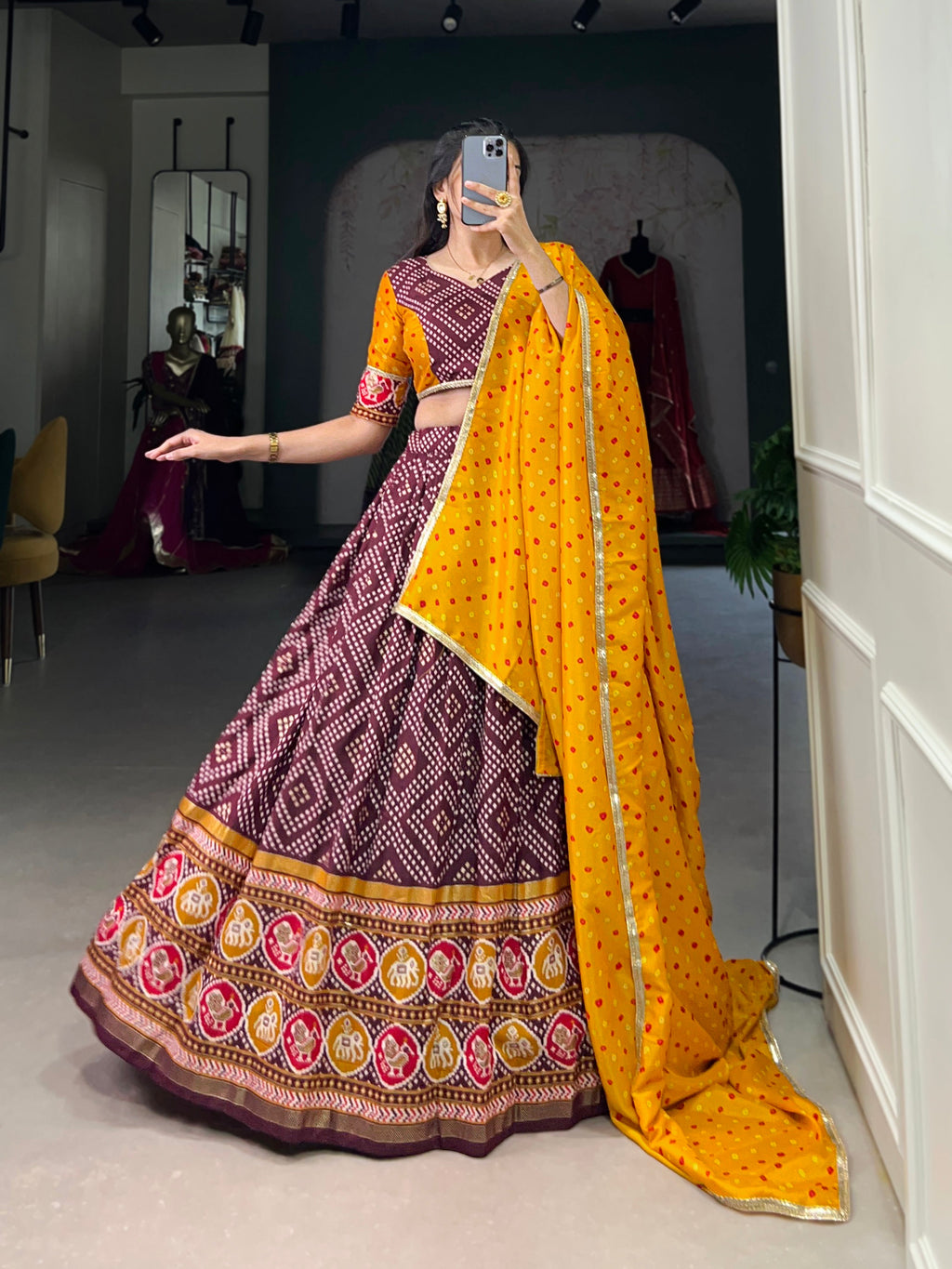 Lorenvalley Wine Tussar Silk Bandhej and Patola Print with Foil Work Lehenga Choli with Dupatta | Grocsy