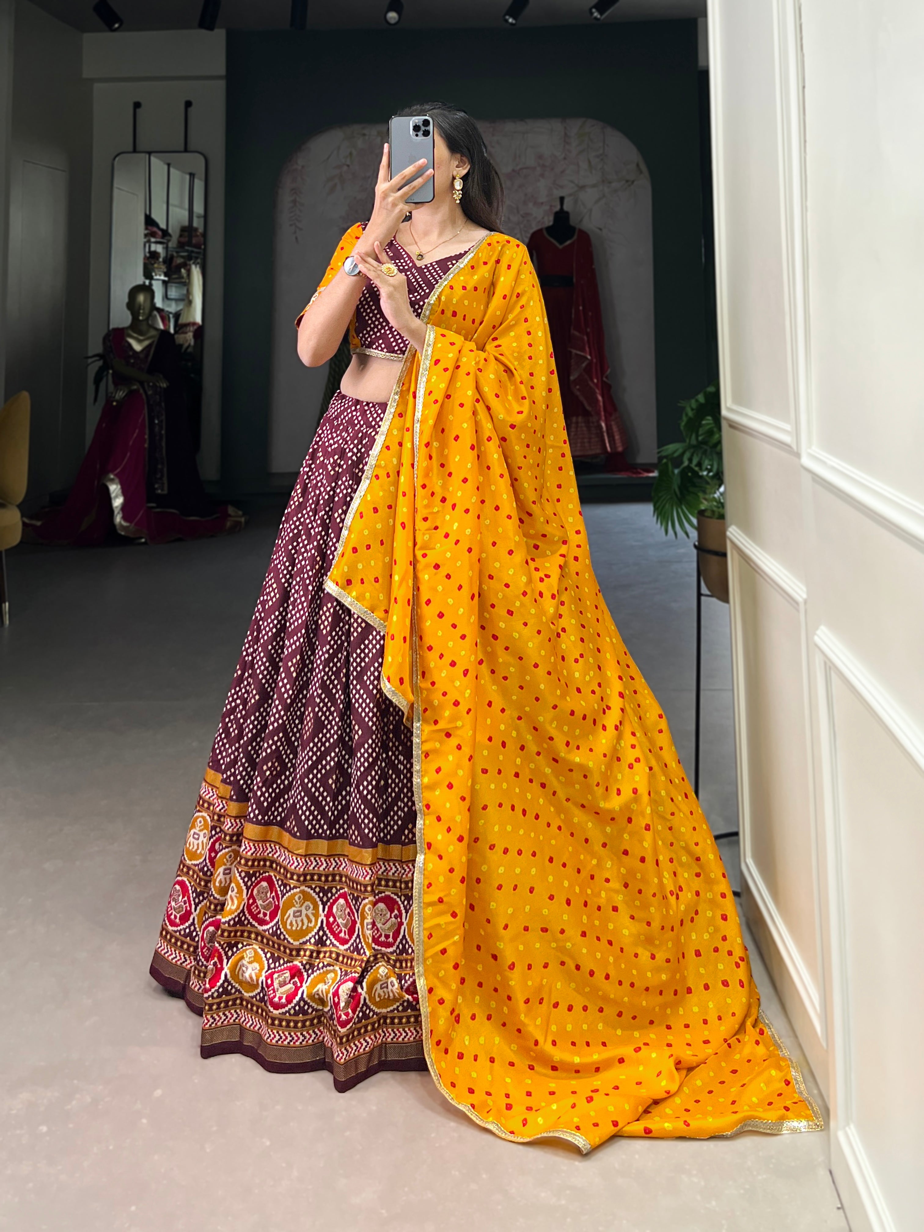 Lorenvalley Wine Tussar Silk Bandhej and Patola Print with Foil Work Lehenga Choli with Dupatta | Grocsy
