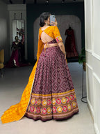 Lorenvalley Wine Tussar Silk Bandhej and Patola Print with Foil Work Lehenga Choli with Dupatta | Grocsy