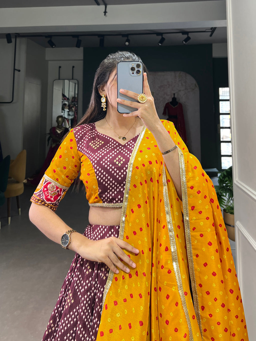 Lorenvalley Wine Tussar Silk Bandhej and Patola Print with Foil Work Lehenga Choli with Dupatta | Grocsy