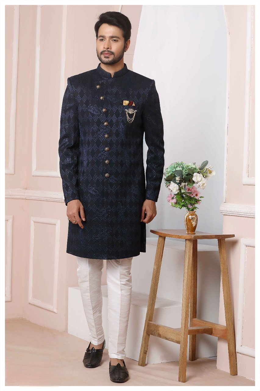 Raivat Ethnic Velvet Jacquard Silk Thread Work Indo Western In Blue Colour | Grocsy