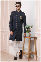 Raivat Ethnic Velvet Jacquard Silk Thread Work Indo Western In Blue Colour | Grocsy