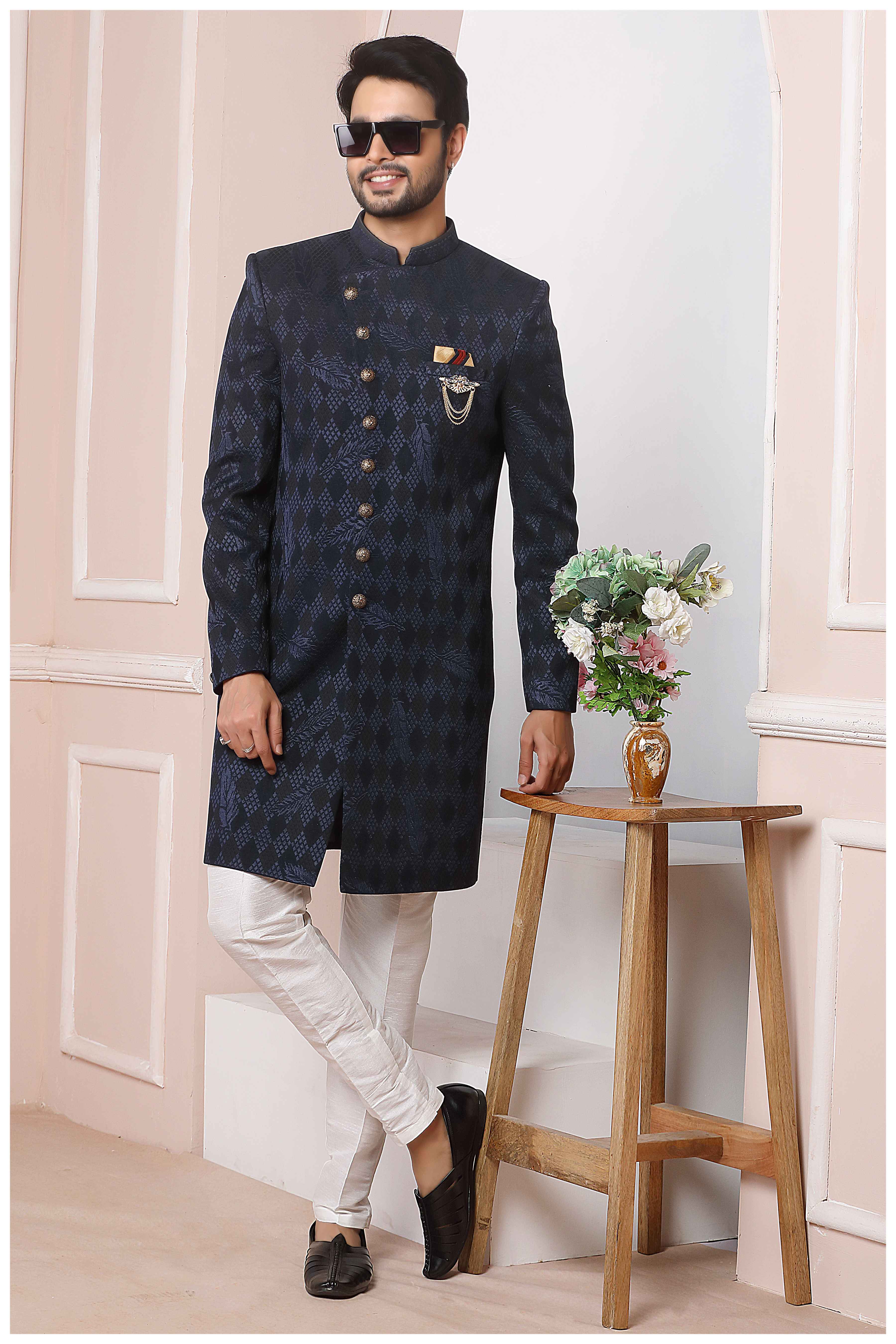 Raivat Ethnic Velvet Jacquard Silk Thread Work Indo Western In Blue Colour | Grocsy