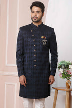 Raivat Ethnic Velvet Jacquard Silk Thread Work Indo Western In Blue Colour | Grocsy