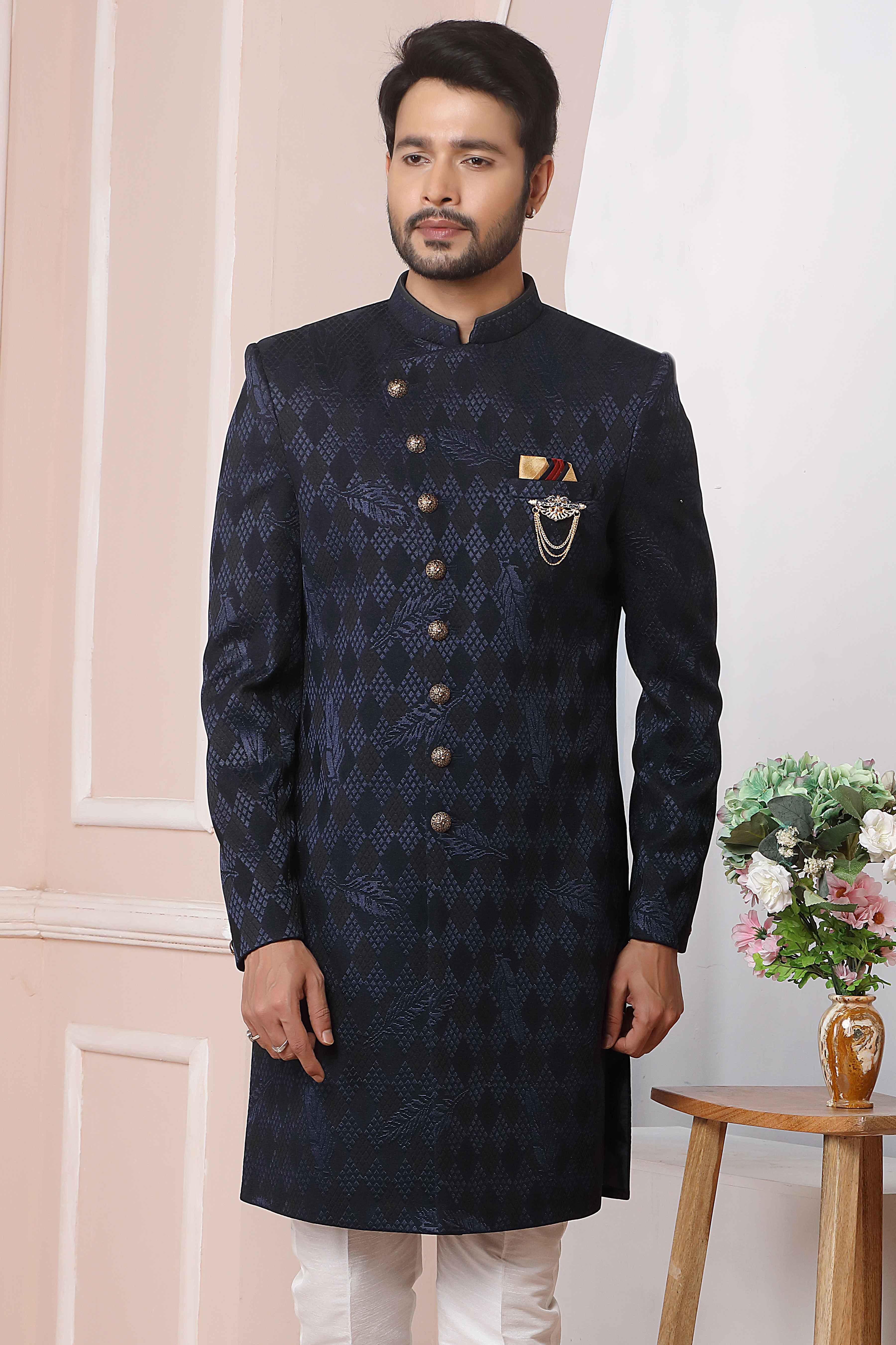 Raivat Ethnic Velvet Jacquard Silk Thread Work Indo Western In Blue Colour | Grocsy