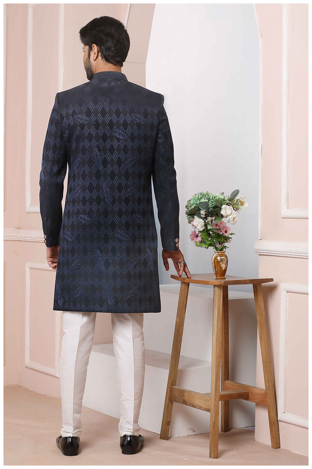 Raivat Ethnic Velvet Jacquard Silk Thread Work Indo Western In Blue Colour | Grocsy