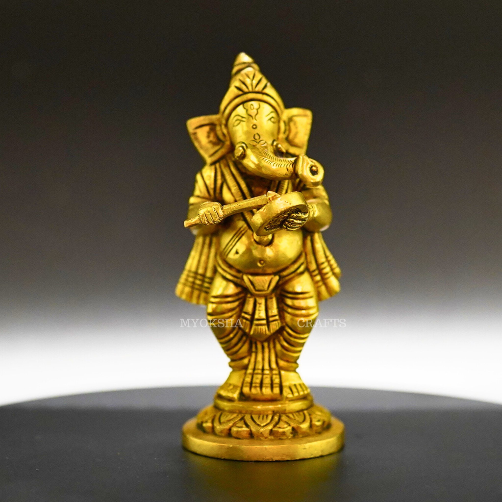 Ganesha Playing Gong Bell Brass Idol - Embrace Prosperity and Joy in Your Home | Grocsy