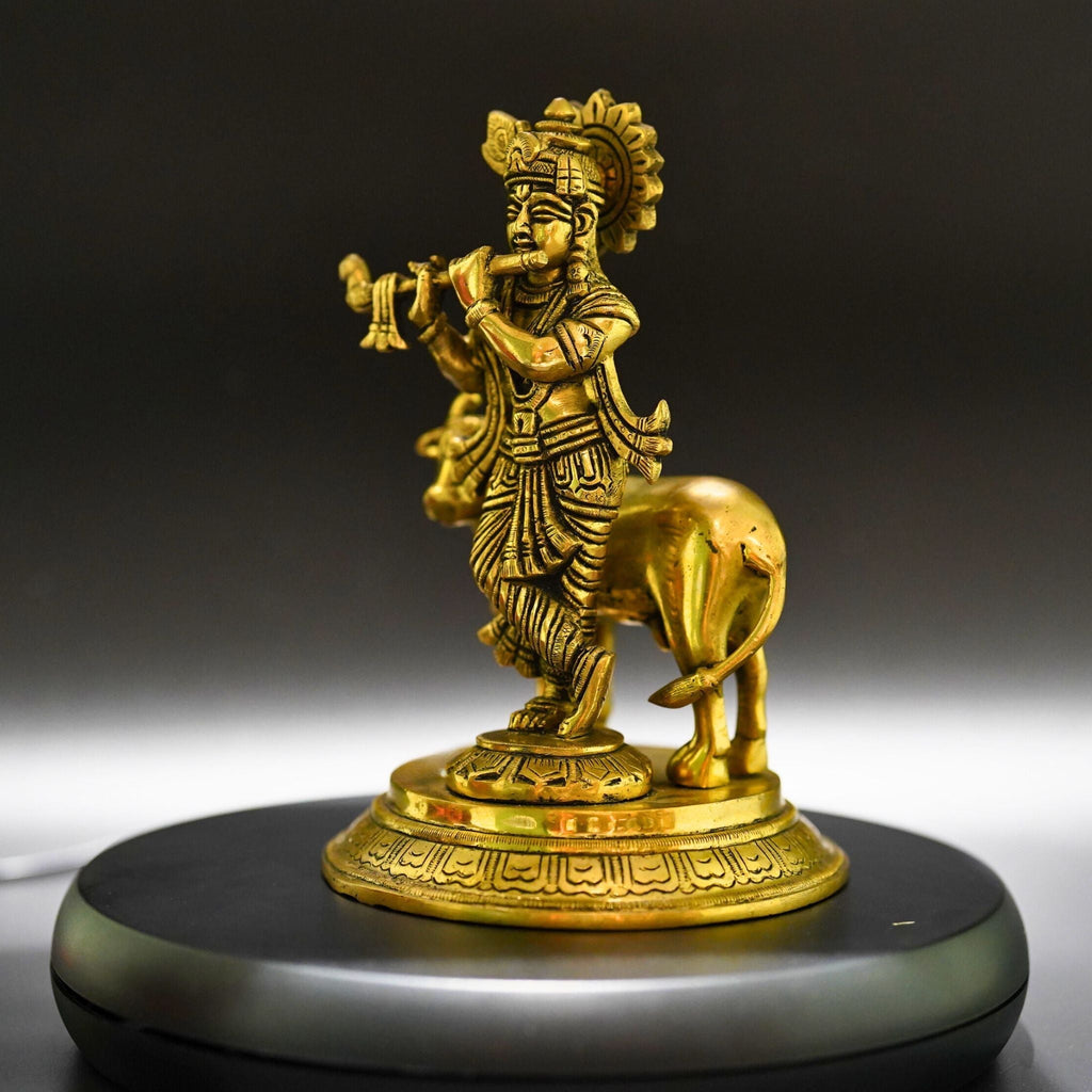 Gopala Krishna with Cow Brass Idol - Embrace Divine Abundance | Grocsy