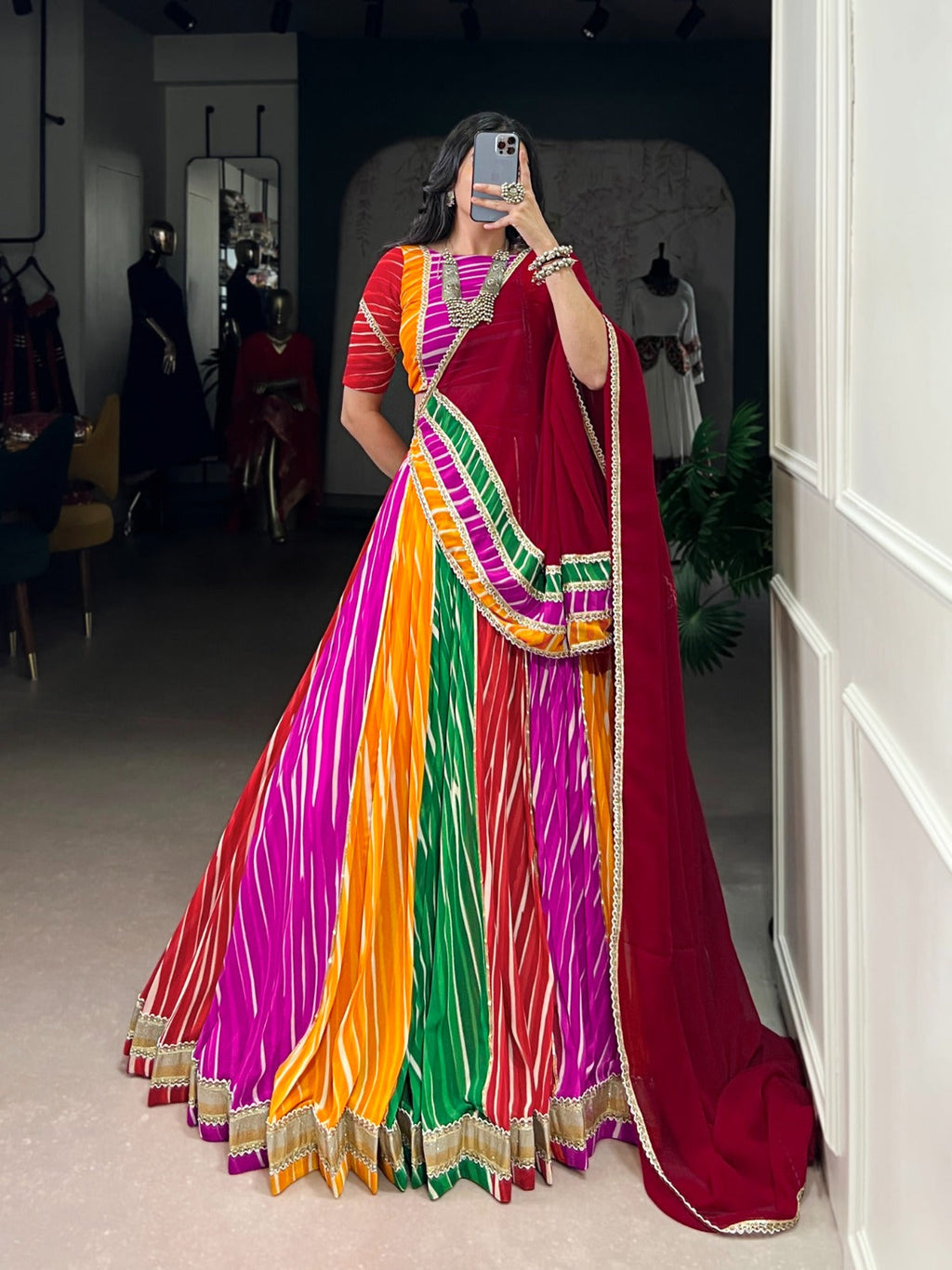Lorenvalley Fashion Multicolor Georgette Leheriya Print with Embossed Design Lace Touch Up Lehenga Choli with Dupatta | Grocsy