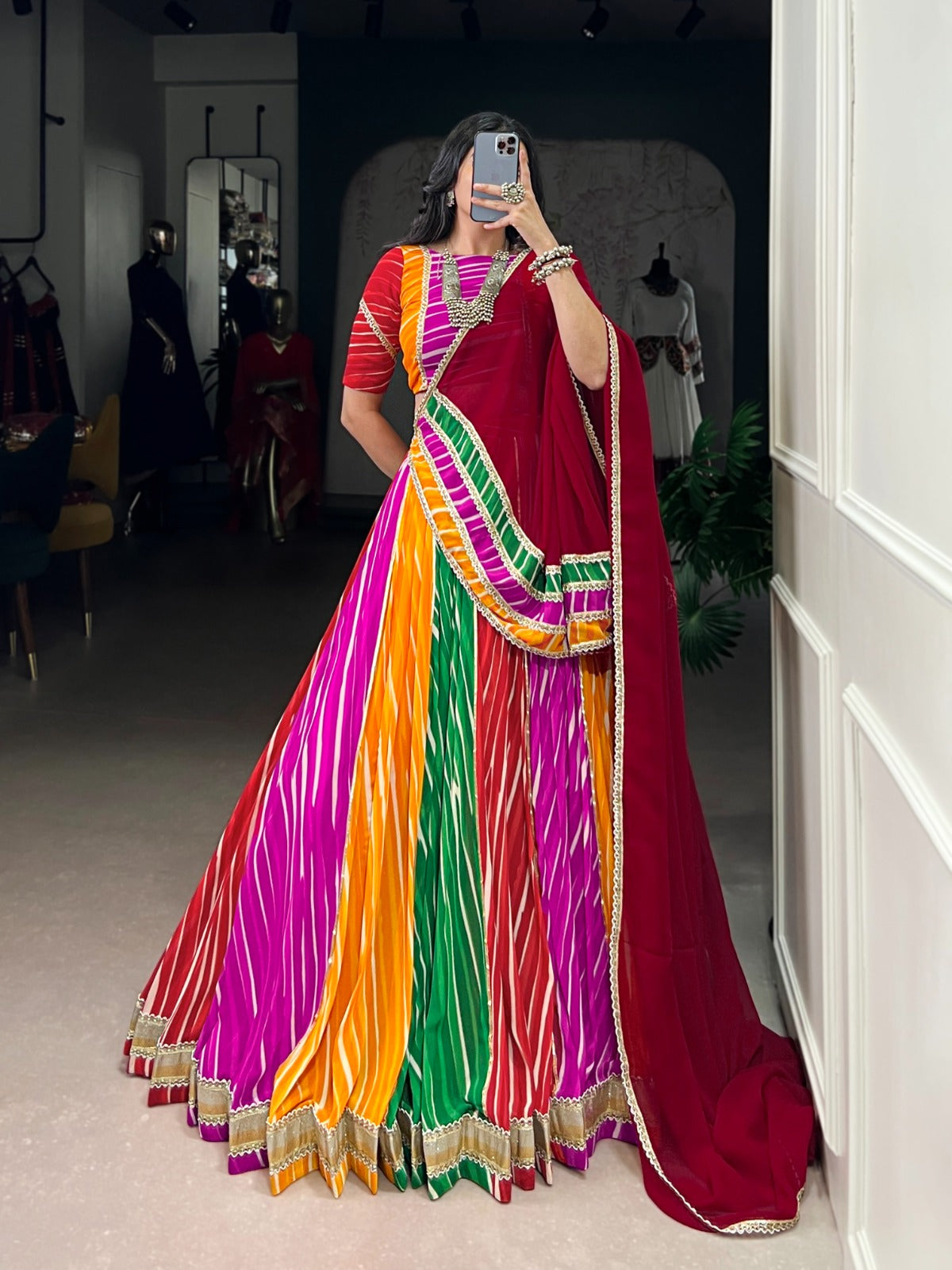 Lorenvalley Fashion Multicolor Georgette Leheriya Print with Embossed Design Lace Touch Up Lehenga Choli with Dupatta | Grocsy