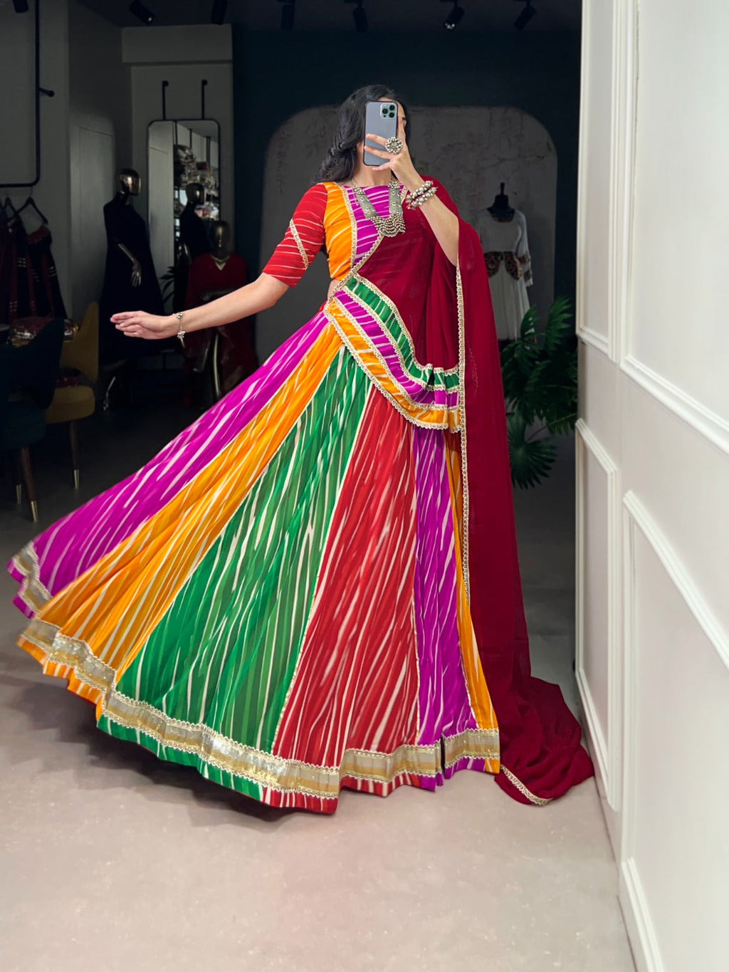 Lorenvalley Fashion Multicolor Georgette Leheriya Print with Embossed Design Lace Touch Up Lehenga Choli with Dupatta | Grocsy