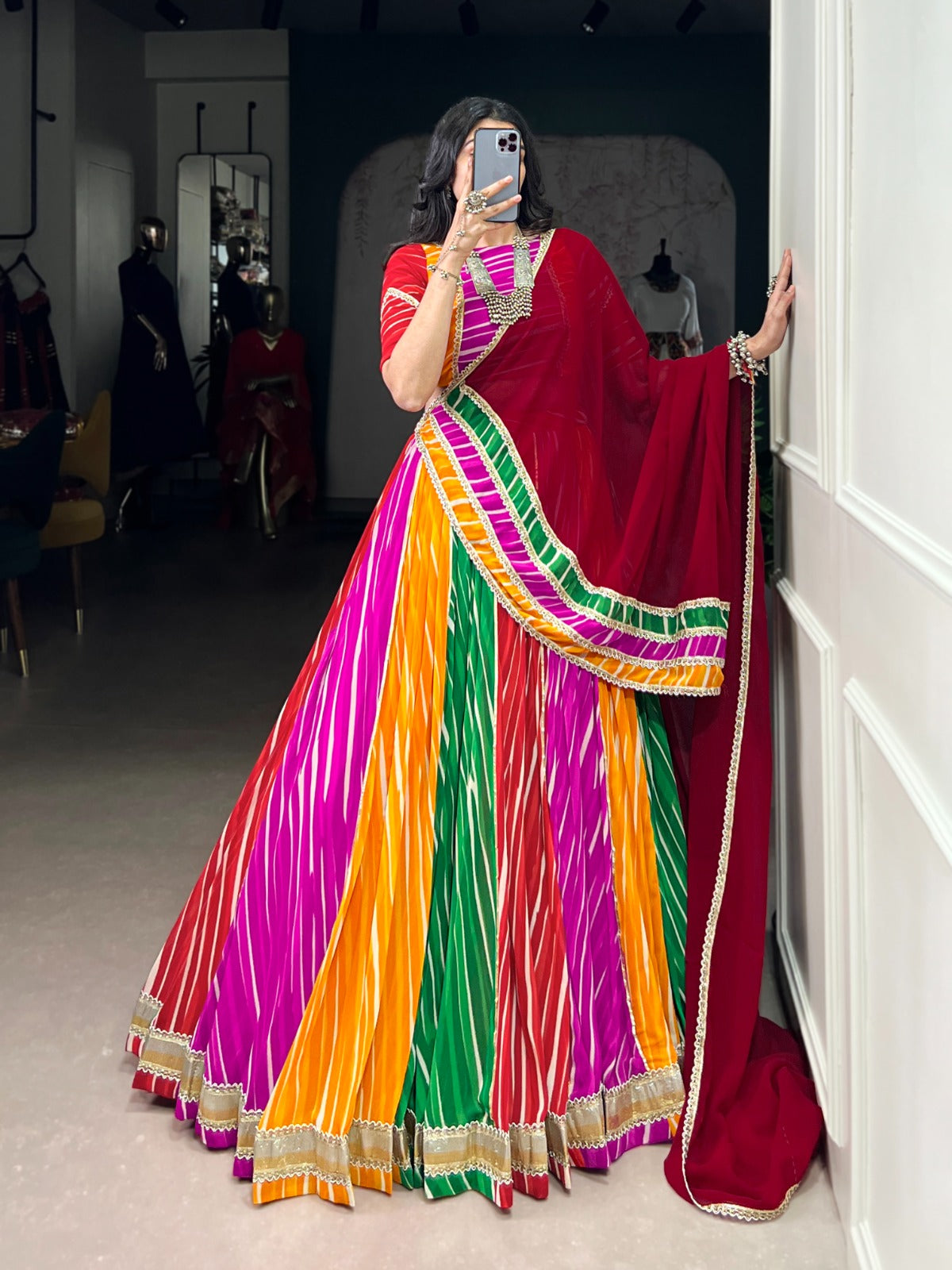 Lorenvalley Fashion Multicolor Georgette Leheriya Print with Embossed Design Lace Touch Up Lehenga Choli with Dupatta | Grocsy