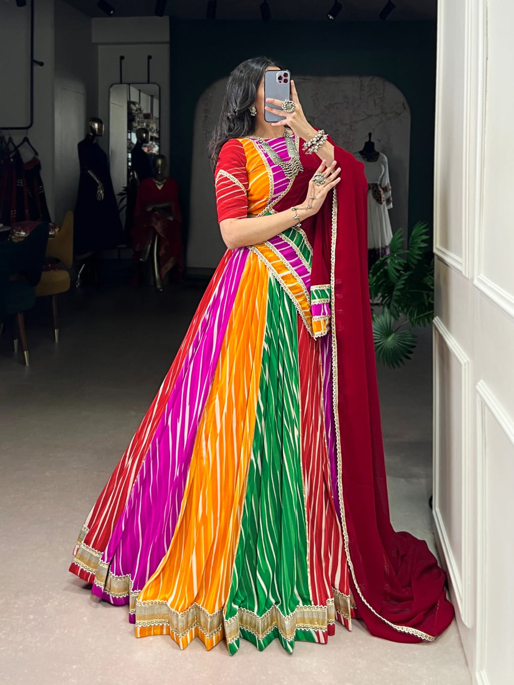 Lorenvalley Fashion Multicolor Georgette Leheriya Print with Embossed Design Lace Touch Up Lehenga Choli with Dupatta | Grocsy
