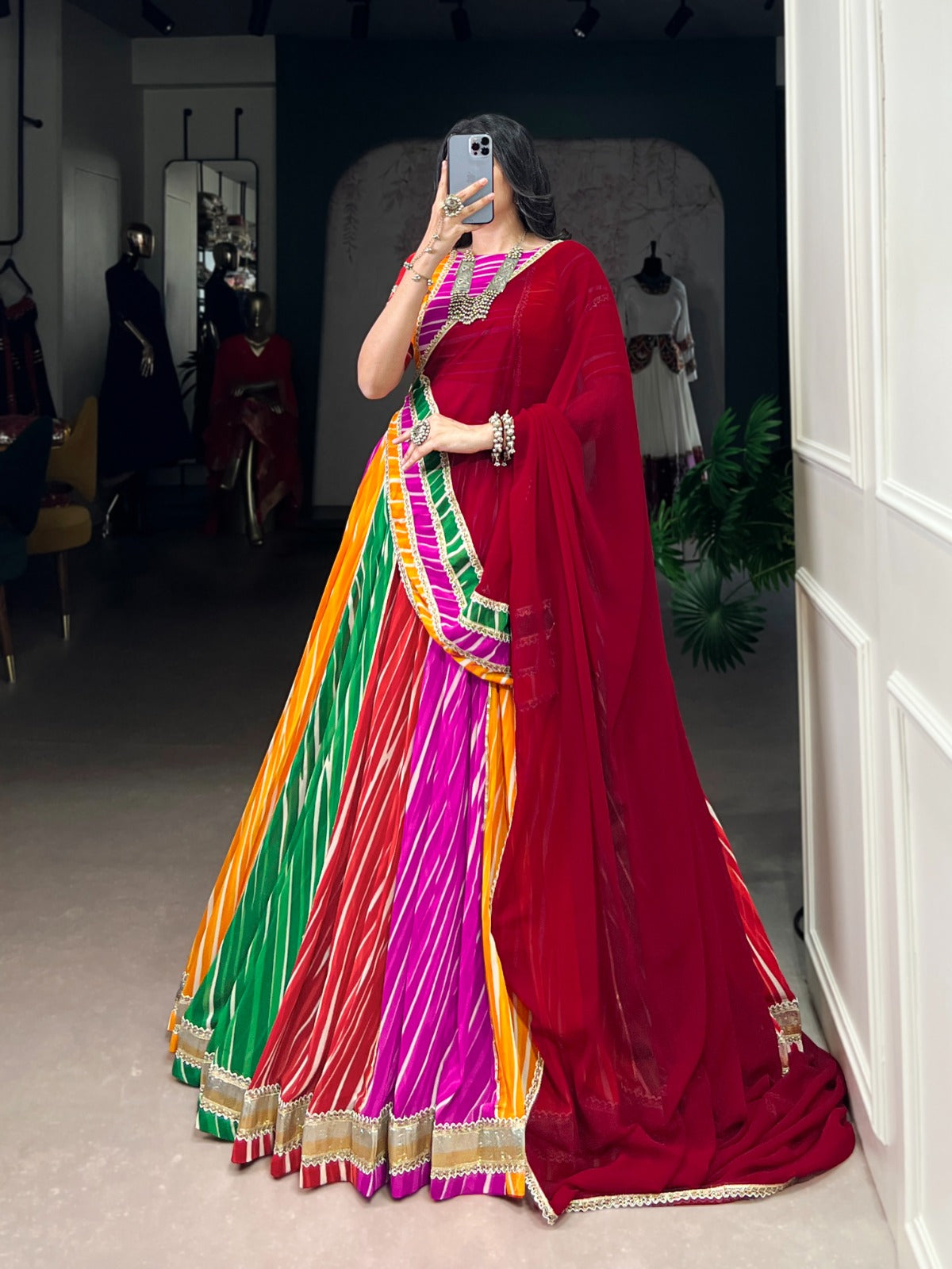 Lorenvalley Fashion Multicolor Georgette Leheriya Print with Embossed Design Lace Touch Up Lehenga Choli with Dupatta | Grocsy