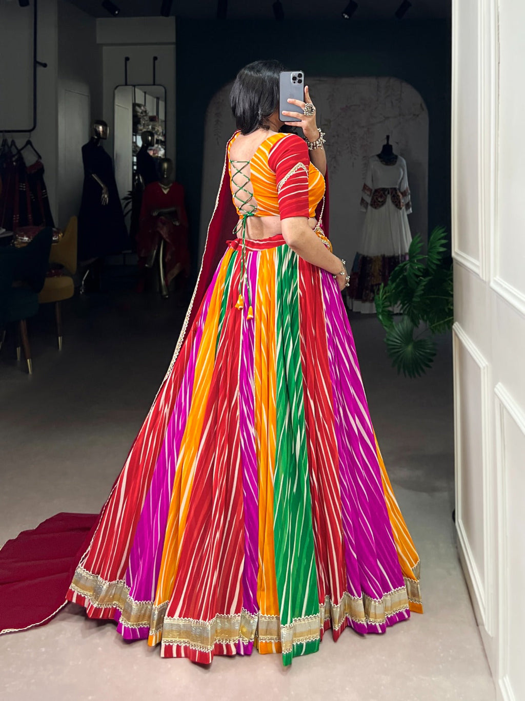 Lorenvalley Fashion Multicolor Georgette Leheriya Print with Embossed Design Lace Touch Up Lehenga Choli with Dupatta | Grocsy
