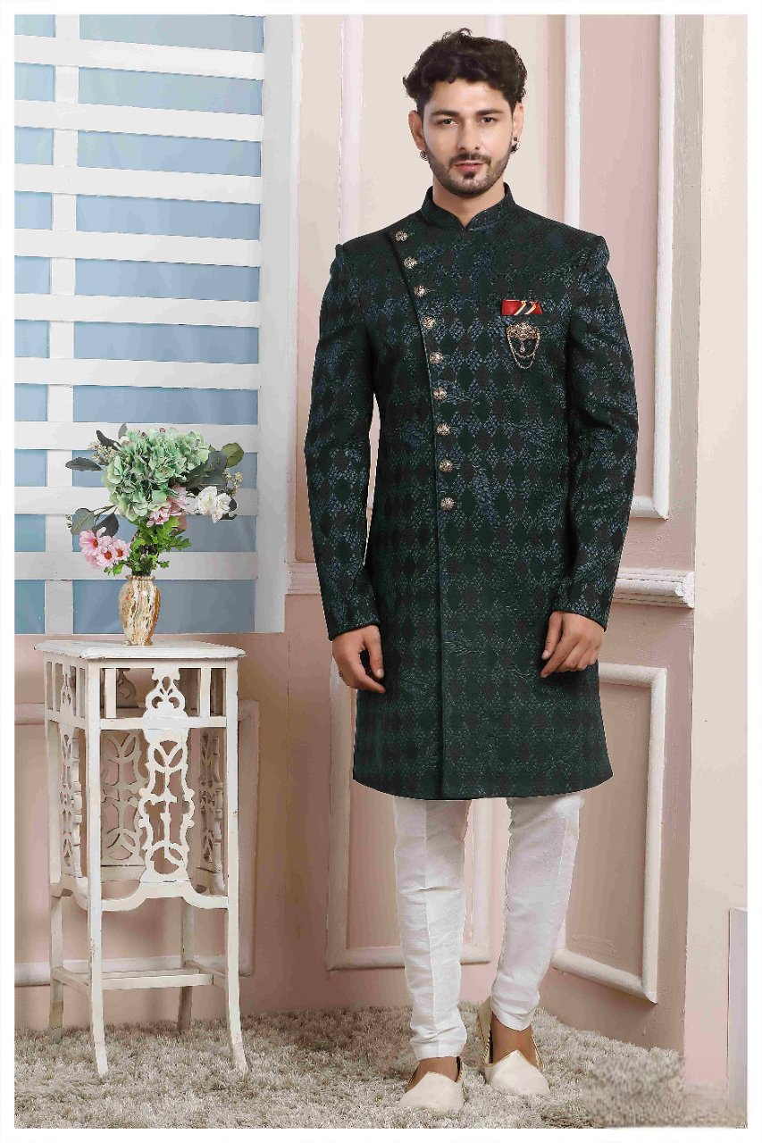 Raivat Ethnic Velvet Jacquard Silk Thread Work Indo Western In Dark Green Colour | Grocsy