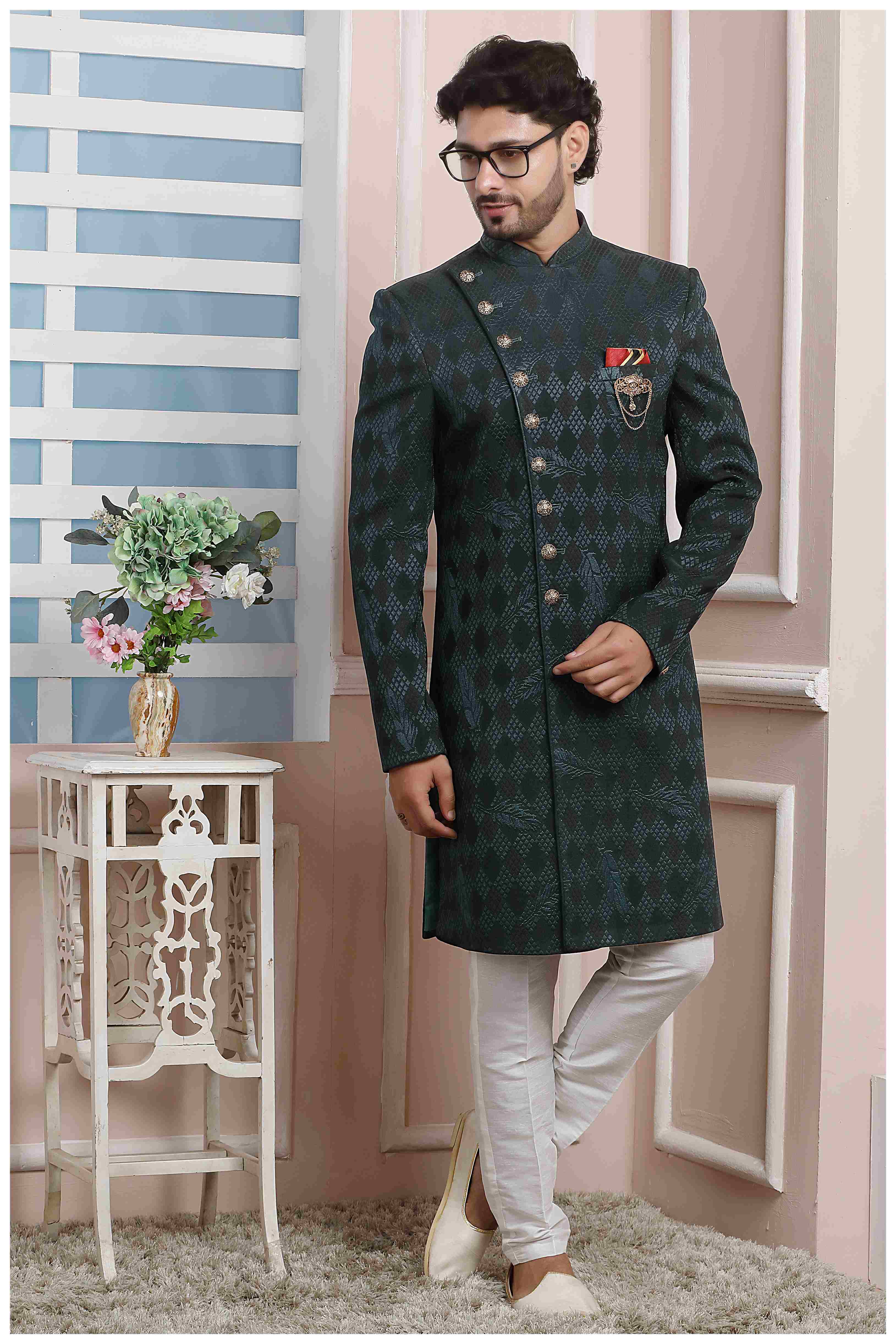 Raivat Ethnic Velvet Jacquard Silk Thread Work Indo Western In Dark Green Colour | Grocsy