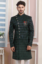 Raivat Ethnic Velvet Jacquard Silk Thread Work Indo Western In Dark Green Colour | Grocsy