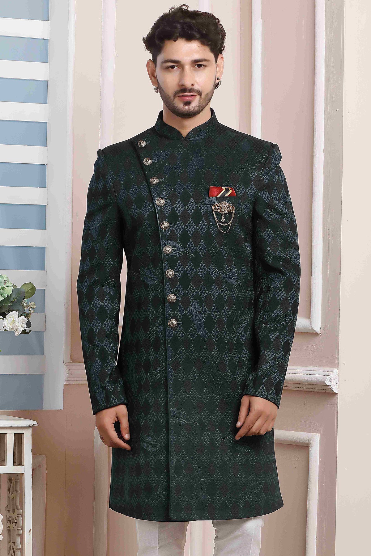 Raivat Ethnic Velvet Jacquard Silk Thread Work Indo Western In Dark Green Colour | Grocsy