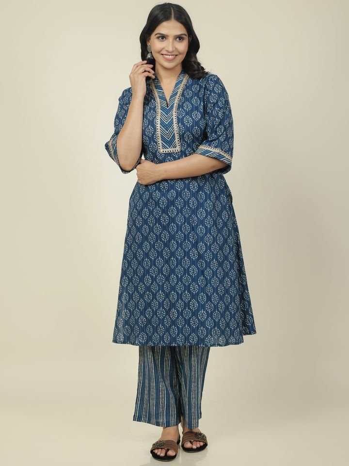 Aramya Straight Soft Cotton Block Print Women's Kurta Set - Blue | Grocsy