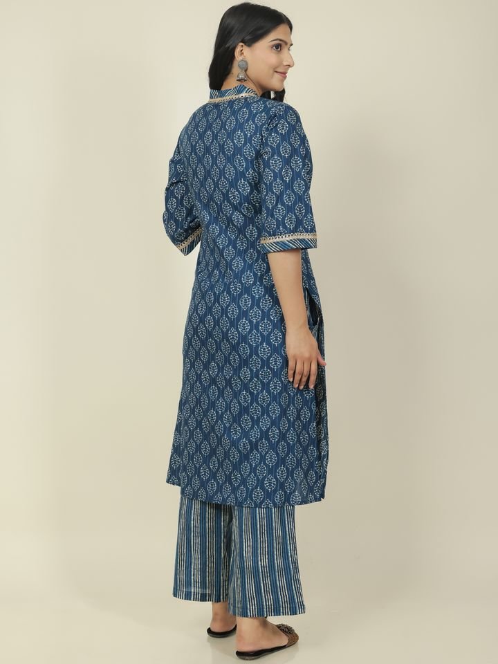 Aramya Straight Soft Cotton Block Print Women's Kurta Set - Blue | Grocsy