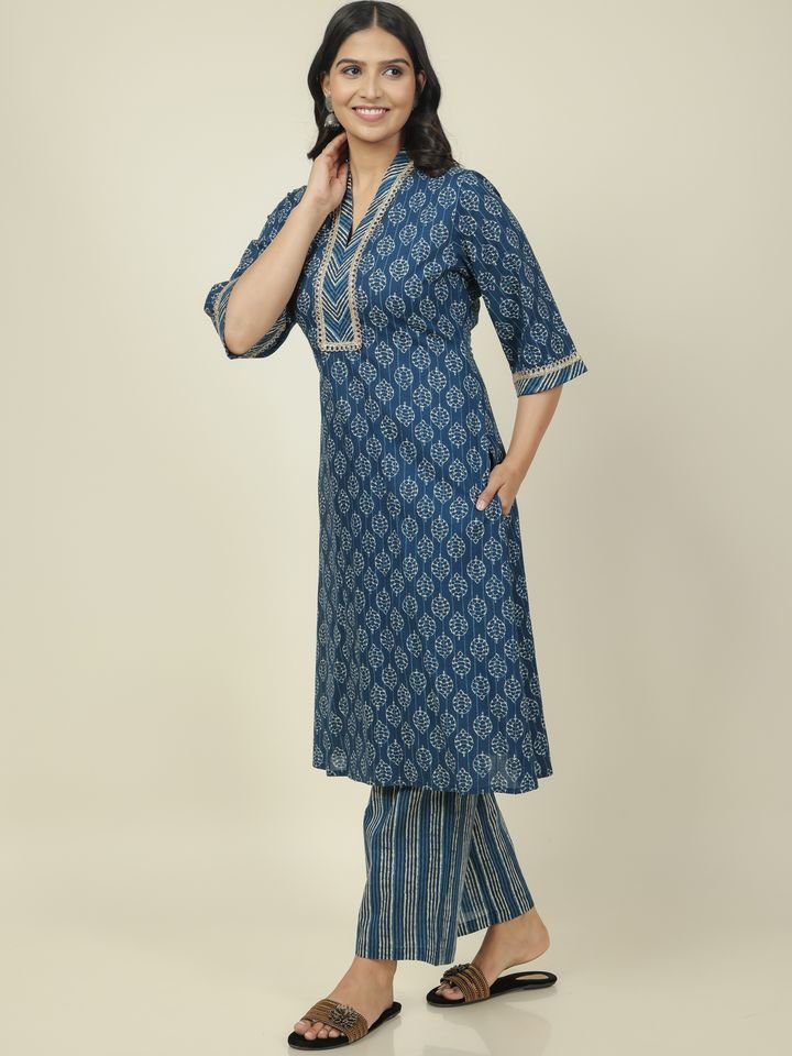 Aramya Straight Soft Cotton Block Print Women's Kurta Set - Blue | Grocsy