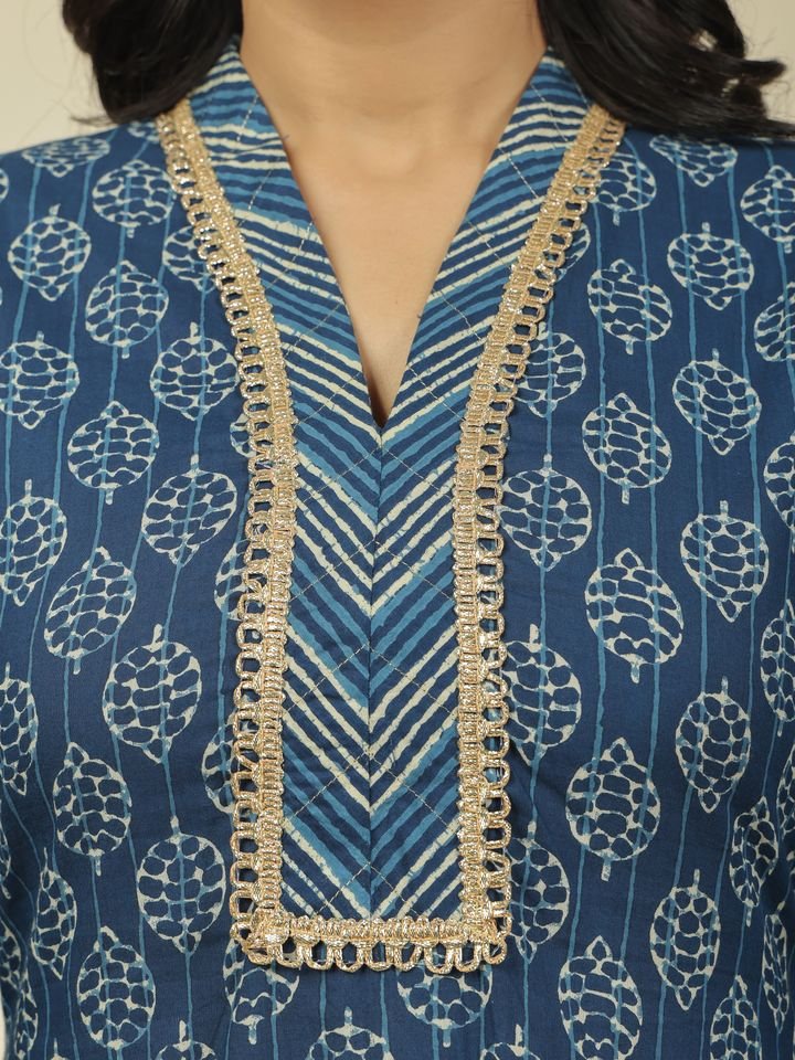 Aramya Straight Soft Cotton Block Print Women's Kurta Set - Blue | Grocsy