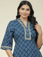 Aramya Straight Soft Cotton Block Print Women's Kurta Set - Blue | Grocsy