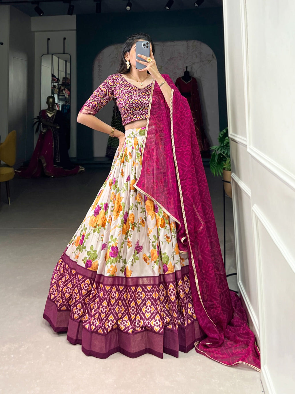 Lorenvalley Fashion Multicolor Tasar Silk Floral and Patola Print with Foil Work Lehenga Choli with Dupatta | Grocsy