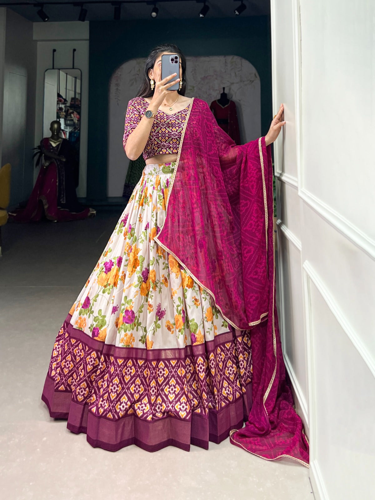 Lorenvalley Fashion Multicolor Tasar Silk Floral and Patola Print with Foil Work Lehenga Choli with Dupatta | Grocsy