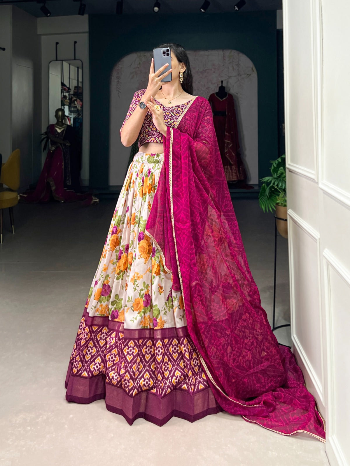 Lorenvalley Fashion Multicolor Tasar Silk Floral and Patola Print with Foil Work Lehenga Choli with Dupatta | Grocsy