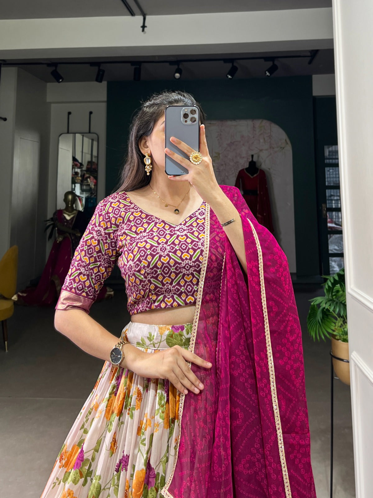 Lorenvalley Fashion Multicolor Tasar Silk Floral and Patola Print with Foil Work Lehenga Choli with Dupatta | Grocsy
