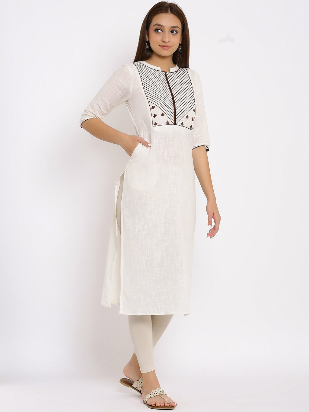HERE&NOW White & Maroon Geometric Yoke Design Thread Work Straight Kurta | Grocsy