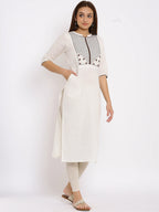 HERE&NOW White & Maroon Geometric Yoke Design Thread Work Straight Kurta | Grocsy