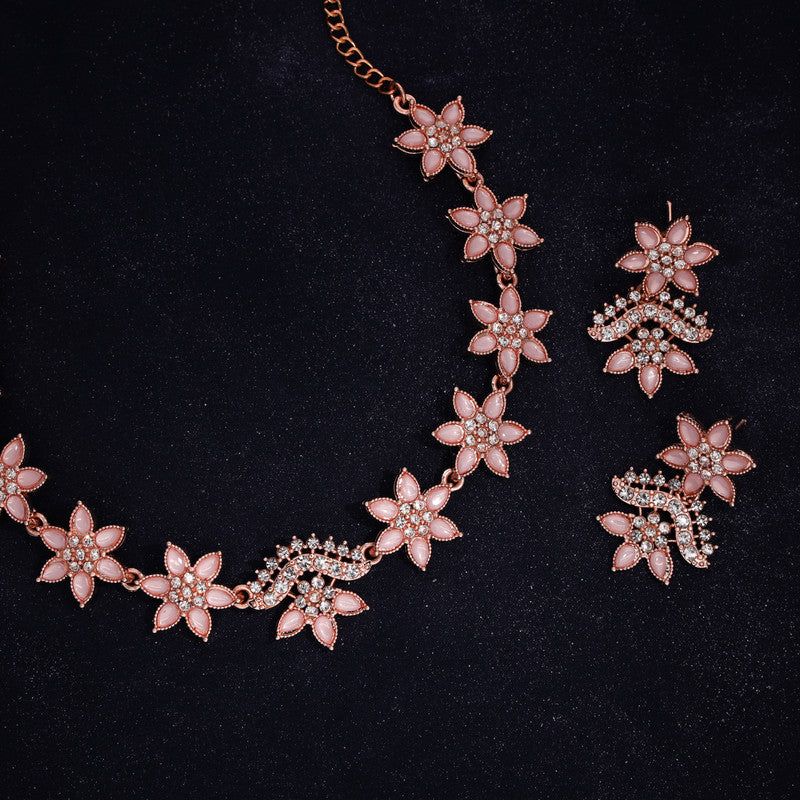 Tehzeeb Creations Baby Pink Colour Star Design Stone Studded Necklace With Earrings | Grocsy