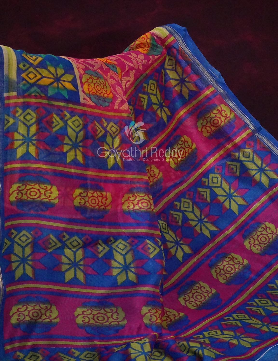 Shades of Rani Pink With Ink Blue Blouse Creeper Design Semi Chanderi Saree By Gayathri Reddy Designer Studio | Grocsy