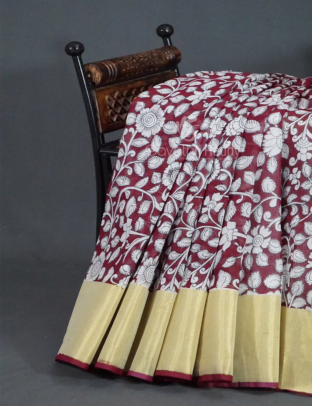 Gleaming Dark Maroon Kalamkari Cotton Linen Printed Saree By Gayathri Reddy Designer Studio | Grocsy