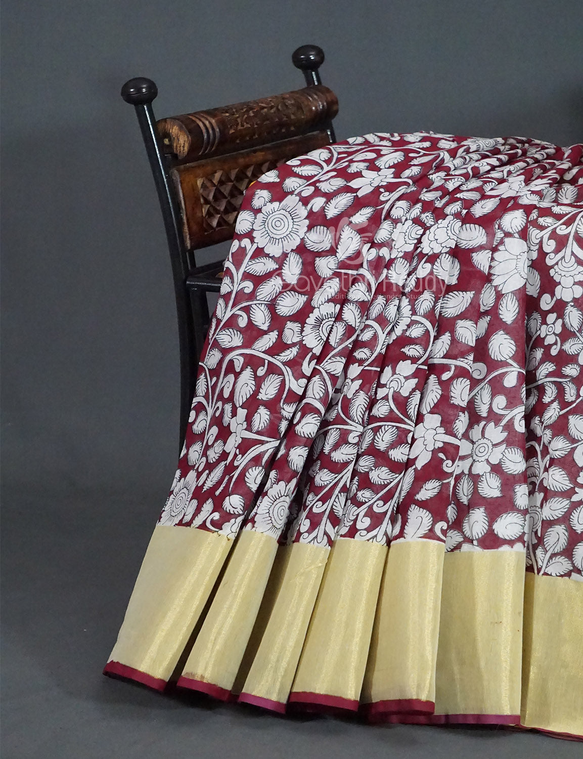 Gleaming Dark Maroon Kalamkari Cotton Linen Printed Saree By Gayathri Reddy Designer Studio | Grocsy